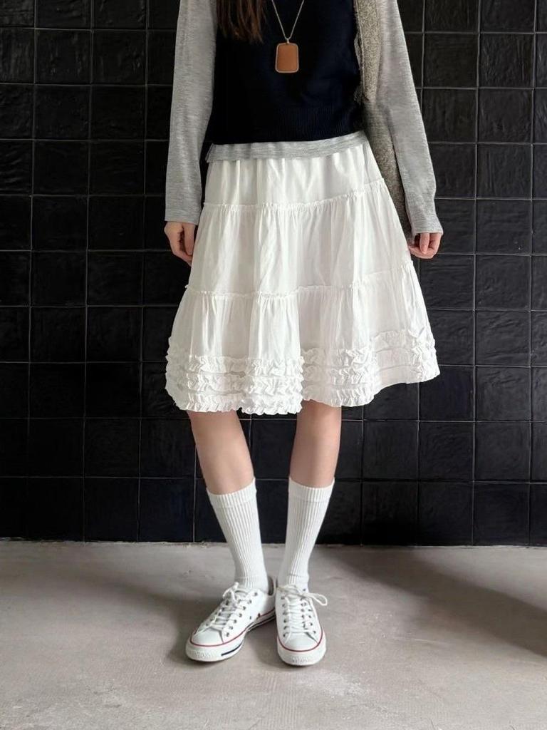 White Sweet Ruffled A-line Midi Skirt - Women's Summer High-Waisted Versatile Petite Style
