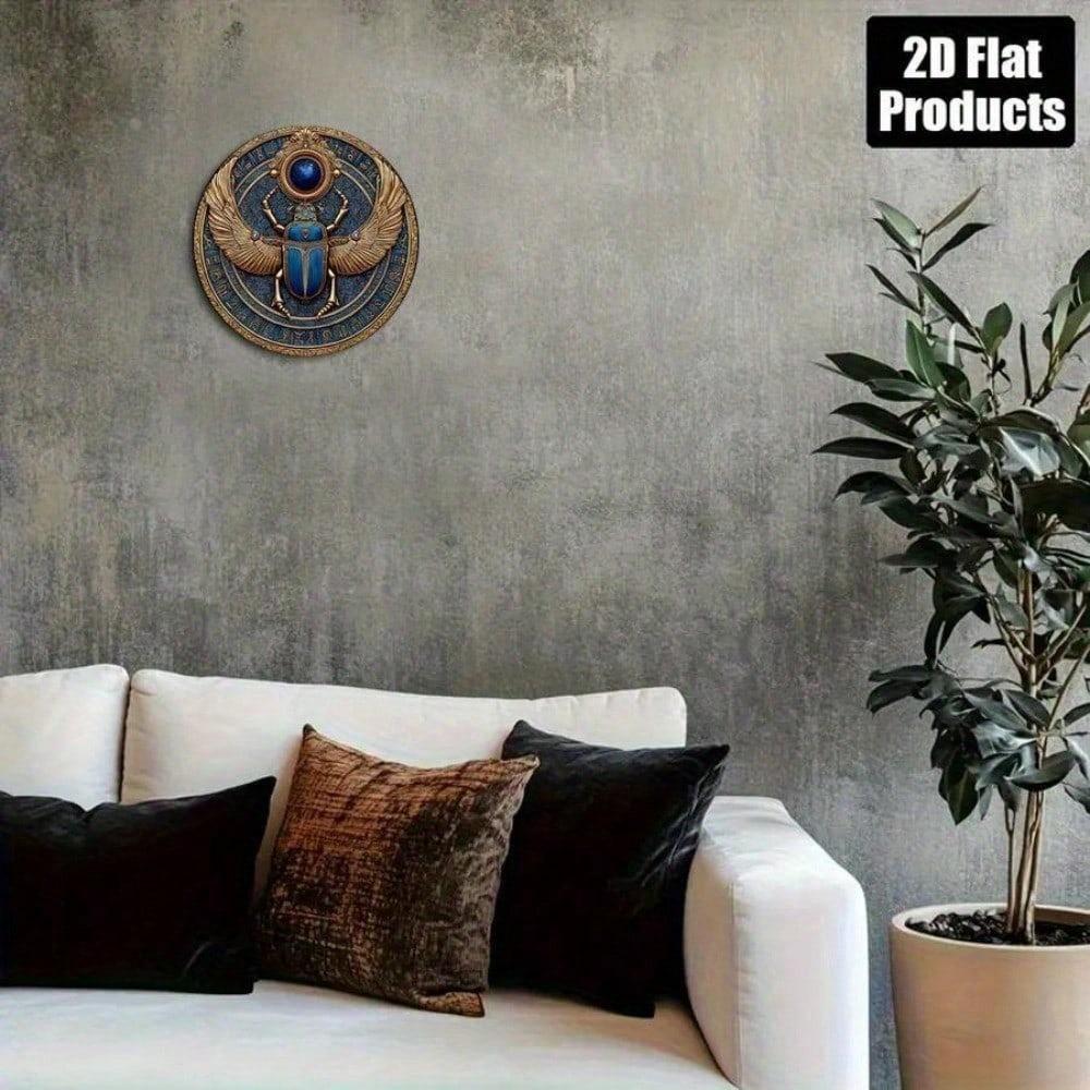Vintage Egyptian Scarab Beetle Metal Wall Art Plaque 8x8 Inch Retro Home Decor Hieroglyphics Golden Accents 2D Flat Aluminium Sign