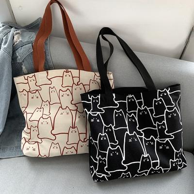 Canvas Handbag for Women Fashion Cute Cat Tote Messenger Bags with Zipper Designer Bag Ladies Cartoon Shoulder Shopper Bags