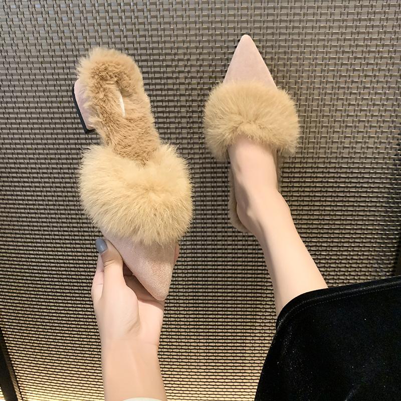 Fashion Baotou Fur Slippers for Women To Wear In Autumn and Winter, High-heeled Internet Celebrity Pointed Toe Block Heel Semi-slippers