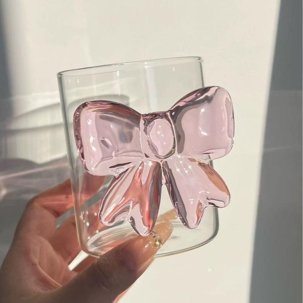Pink Bow Glass Mug Decor Glass Cup Goblet Bow Handle Glasses Wine Cocktail Glass Dessert Ice Cream Bowl Drinking Glass