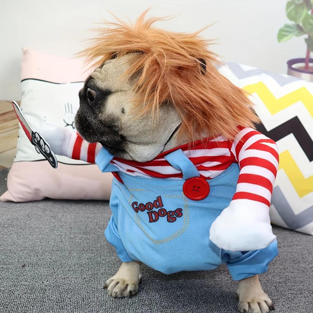 Funny Halloween Pet Dog Cosplay Costume with Wig & Foam Toy Knife, Cute Transformed Outfit for Small Medium Dogs Holiday Party
