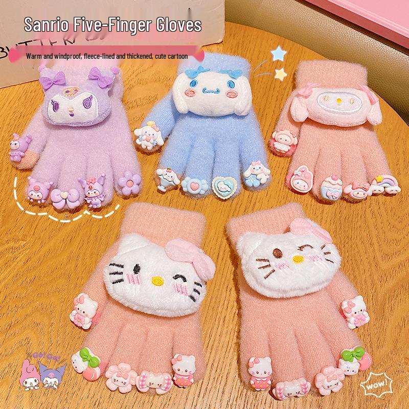 Kuromi Winter 2025 Unisex Kids' Nail Art Anti-Freeze Gloves - Thickened Five-Finger Design