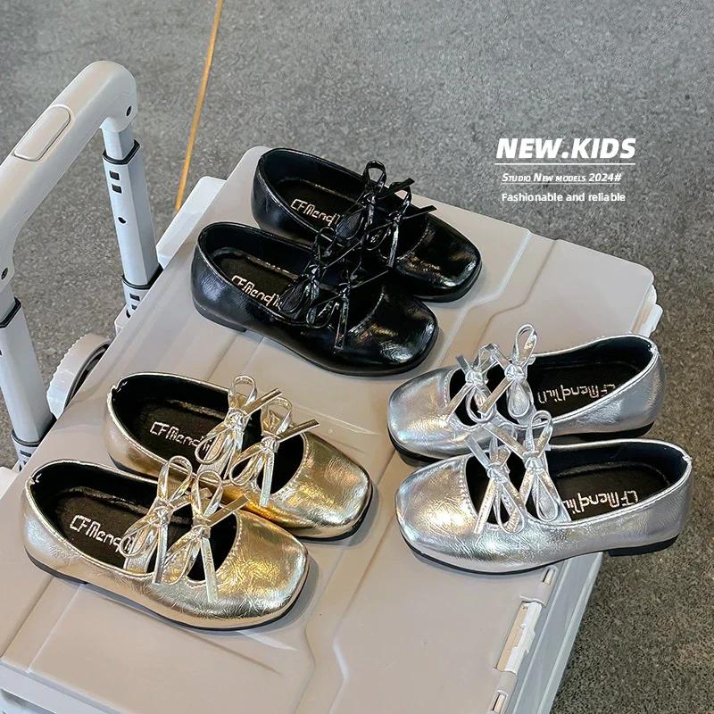 2024 Children Leather Shoes for Girls Autumn New Fashion Princess Style Soft Bottom Sweet Bowtie Dancing Versatile Party Shoes