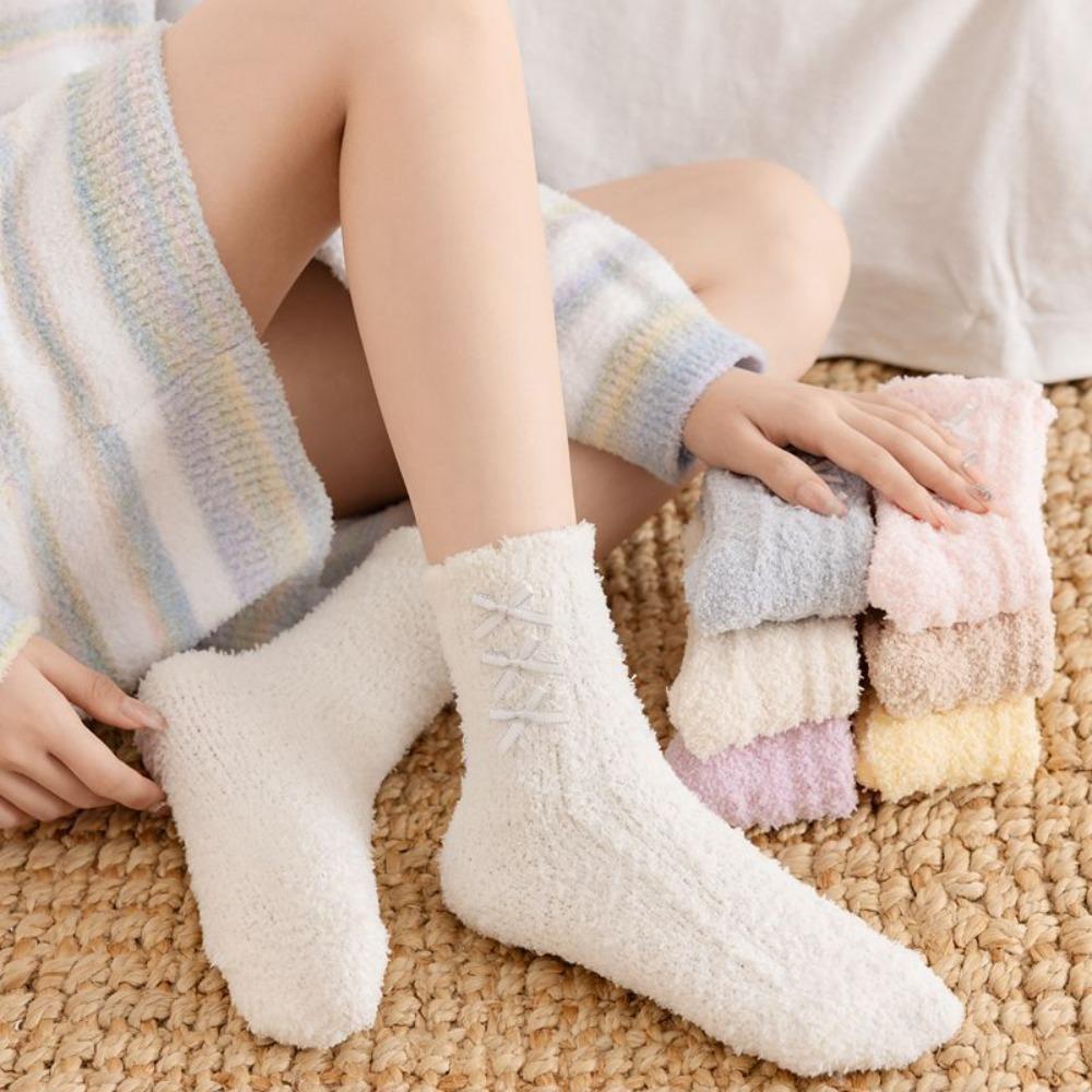 Coral Fleece Middle Tube Socks Bowknot Floor Socks Cute Women's Socks  Autumn
