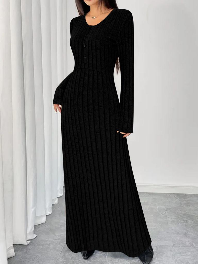 Independent station Europe, America, autumn and winter solid color pit strip dress simple temperament V-neck single-breasted dress long dress women