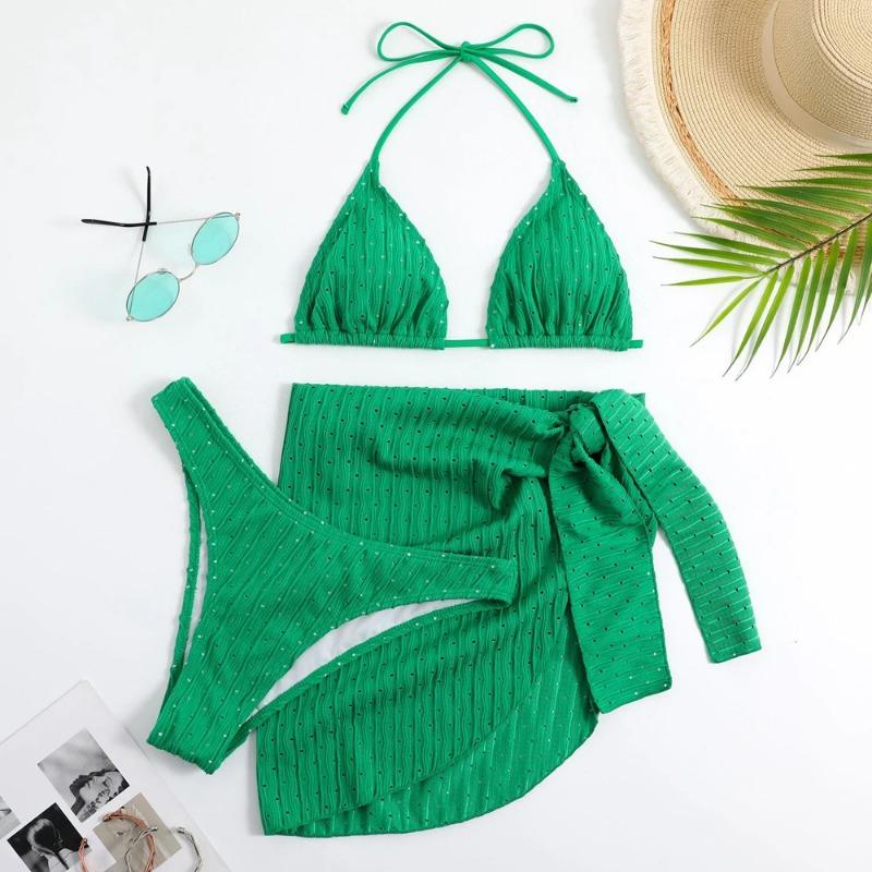 

2025 Summer Halter Bikini 3 Pieces Women Special Material Sexy Thong Swimwear with Sarong Skirt White/Black/Pink/Green Beachwear S