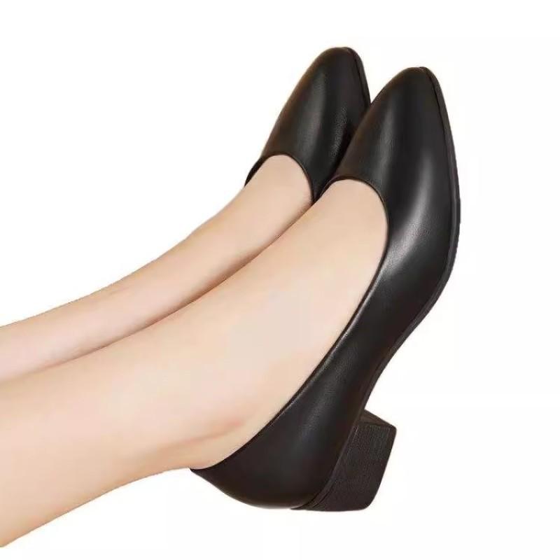 Soft Leather Single Shoes Spring and Summer Work Shoes Thick Heel Soft Sole Large Size Comfortable Leather Shoes