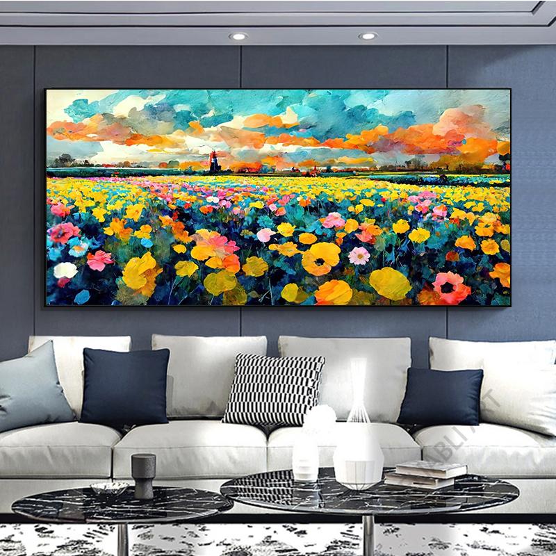 Abstract Colorful Flower Field Canvas Painting Printed On Canvas Floral Landscape Posters and Prints for Living Room Wall Decor