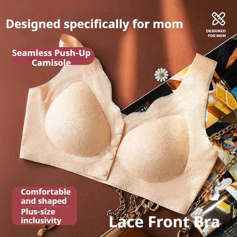 Women's Front-closure Bra with Fixed Cups Plus Size Push-up Bra Vest Style Seamless Bra for Middle-aged and Elderly Women