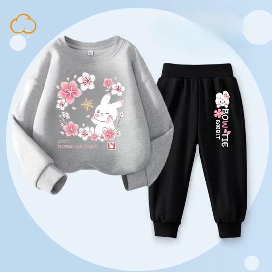 Cute Rabbit Printed Baby Girls Spring New Style Hoodies Sets Children's Sweatshirt Sweatpant Two Piece Suit Kids Outdoor Outfits