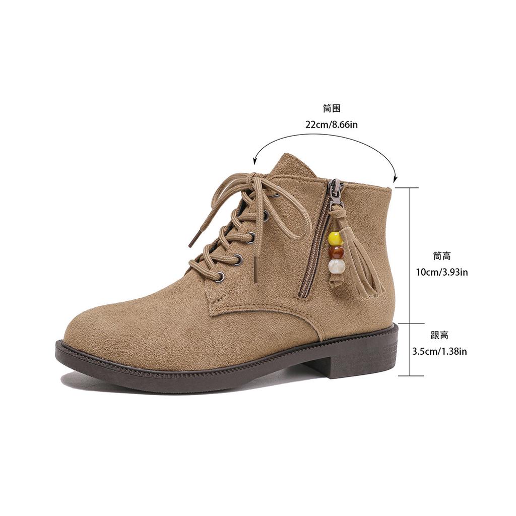 Bottines courtes à talons bas en PU daim Automne Nouveau Bout rond Lacets sur le devant Fermeture éclair latérale Semelle souple Antidérapantes Bottines pour femmes Botines