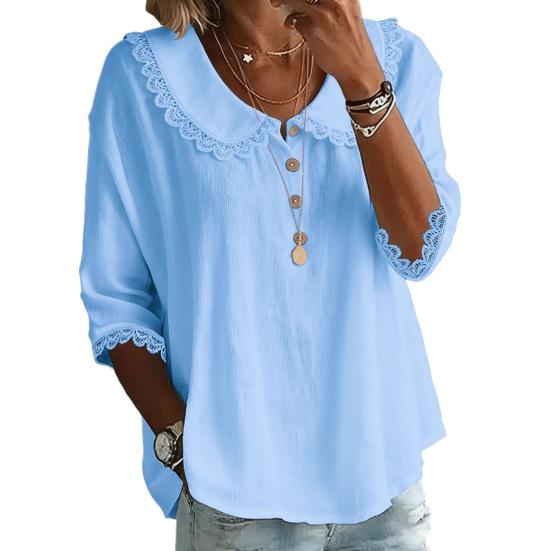 

Женская рубашка свободного кроя с рукавами три четверти, блузка с кружевным воротником, манжетами, планкой на пуговицах, летние, весенние, повседневные топы S небесно-голубой