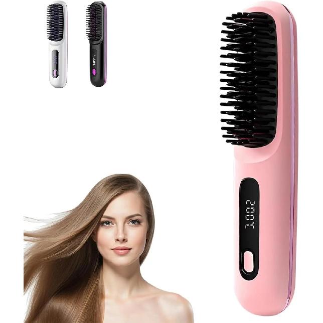 Adjustable Temperature Hair Brush Portable Wireless Charging Hair Straightener with Fast Heating Negative Ions for Fluffy Curly