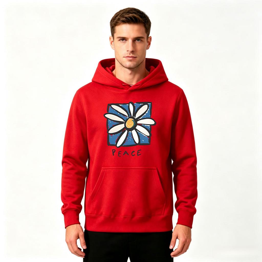 Men's Pullover Hoodie, Peace Daisy Flower Print Casual Long Sleeve Sweatshirt for Daily Wear