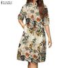 ZANZEA Women Casual Stand Collar Half Sleeve Loose Print Cotton Dress