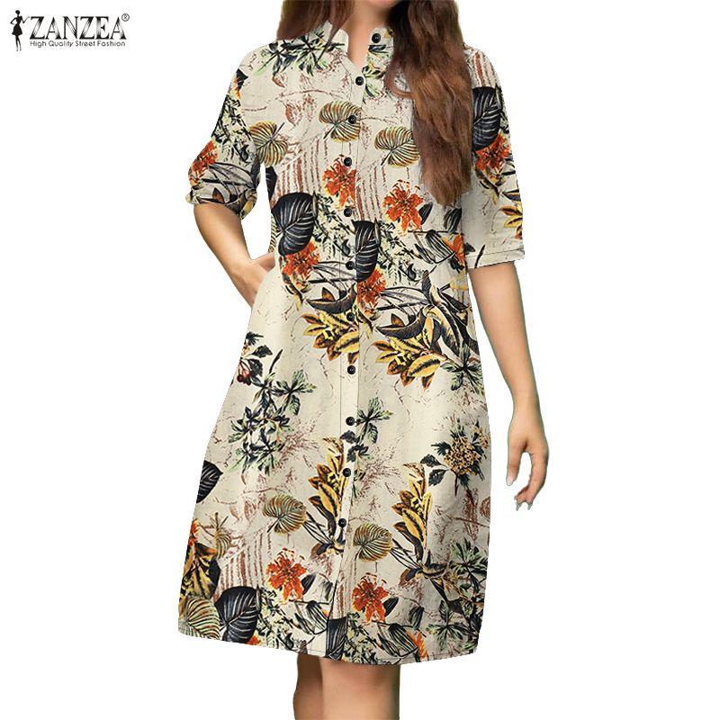 ZANZEA Women Casual Stand Collar Half Sleeve Loose Print Cotton Dress