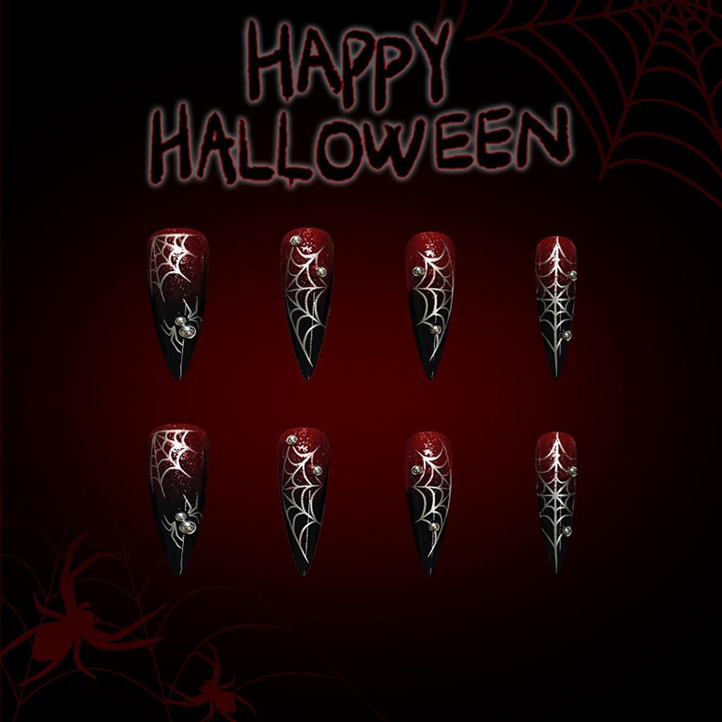 Halloween Press On Nails Almond Fake Nails Spider Acrylic Nails Glossy False Nails Stick On Nails Full Cover Fake Nails