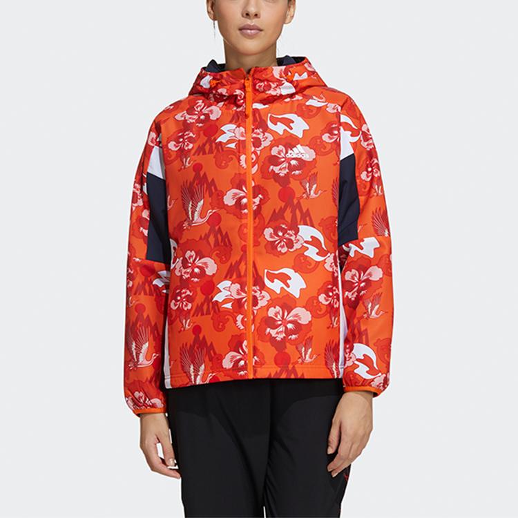 Adidas Aop Block Hooded Fleece-Lined Print Jacket Women Jacket Red GT6489