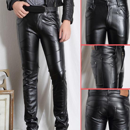 Men Solid Color Faux Leather Multi Pockets Skinny Pants Stage Club Long Trousers