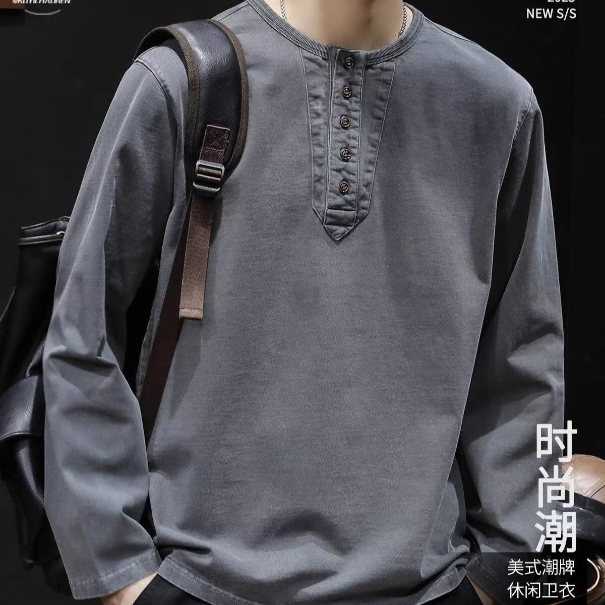

2026 Men Korean Fashion O Neck Tshirts Man Loose Long Sleeve Casual Top Male Streetwear Vintage T-Shirts Couple Sweatshirt M серый
