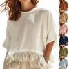 Women's Casual Summer Blouse Lightweight Loose Fit Half Sleeve Shirt Buttoned Stand Collar Top with Fringe Hem for Daily Wear