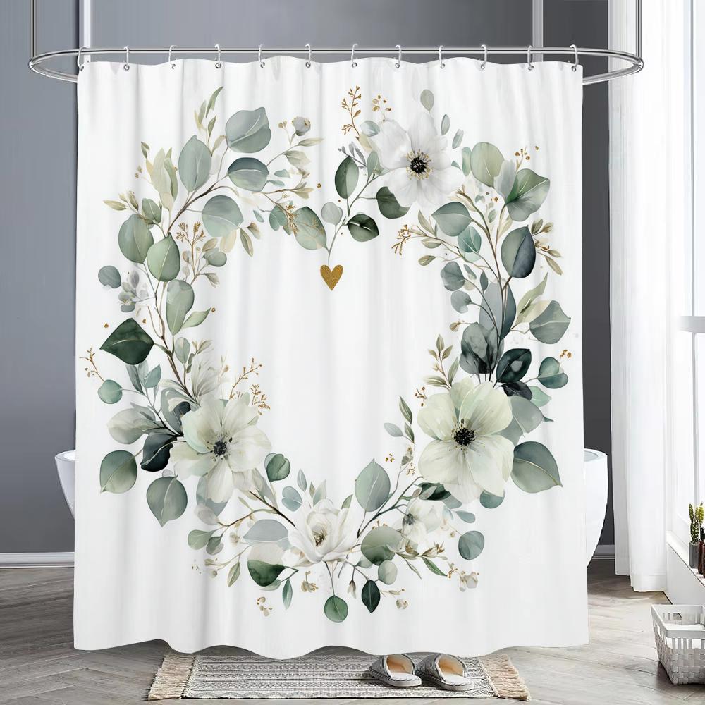Simple Leaf Pattern Shower Curtain, Bathroom Decorative Leaves Shower Curtains, Home Printed Polyester Fabric Curtain with Hooks