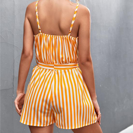 Lady Jumpsuit Sleeveless Deep V Neck Stripe Print Contrast Color Tight Waist Summer Romper Female Clothes