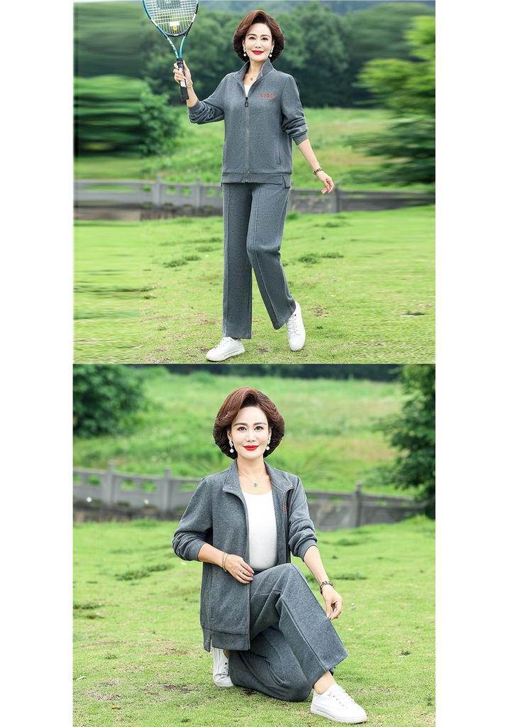 Spring & Autumn Casual Sportswear Set for Middle-Aged Women: Two-Piece Hoodie & Loose Thickened Coat