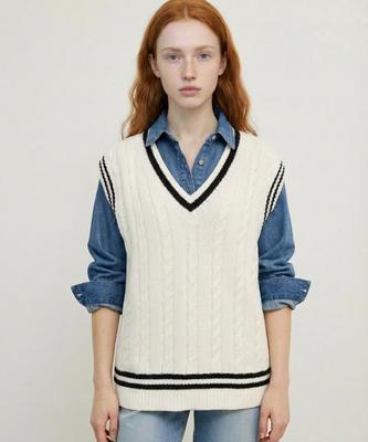 Snugu Pure Cotton Preppy Cable V-Neck Vest_Black