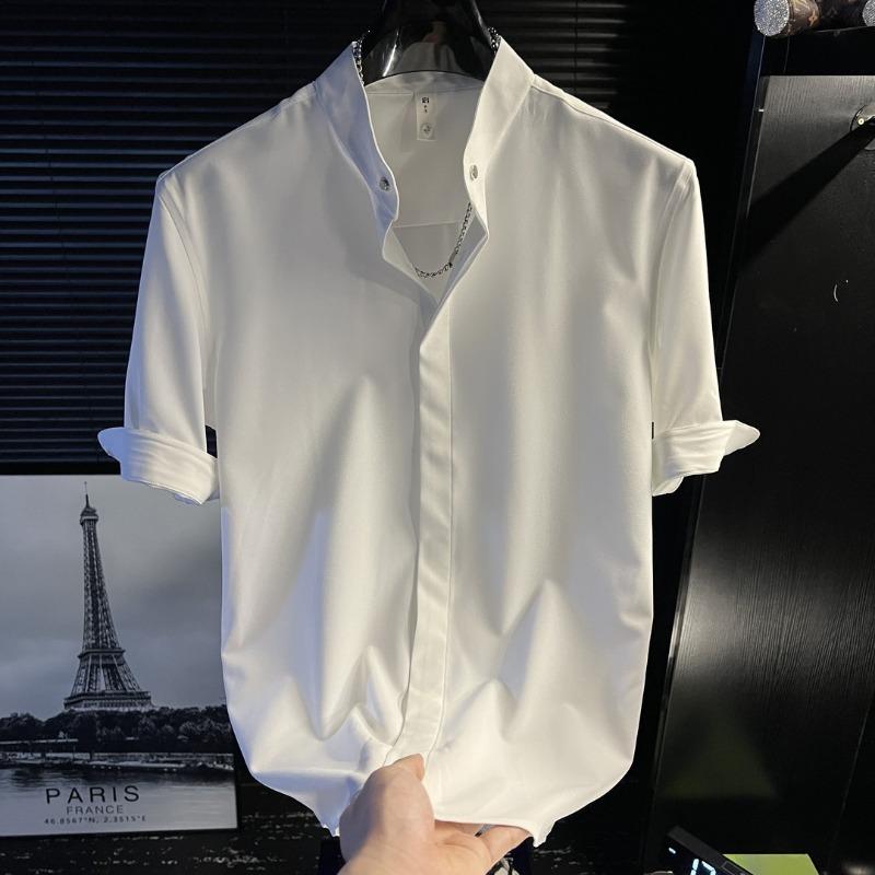 

Men s Stand Collar Roll Up Sleeve Button Down Shirt Casual Satin Streetwear Top S белый