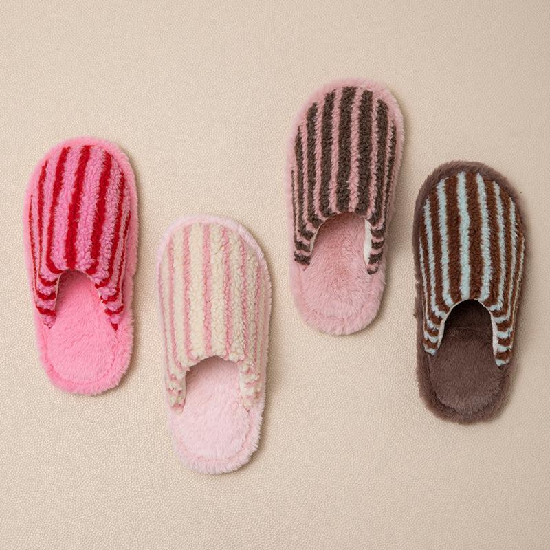 Soft Plush Slippers for Women Striped Cotton House Shoes Warm Winter Indoor Footwear