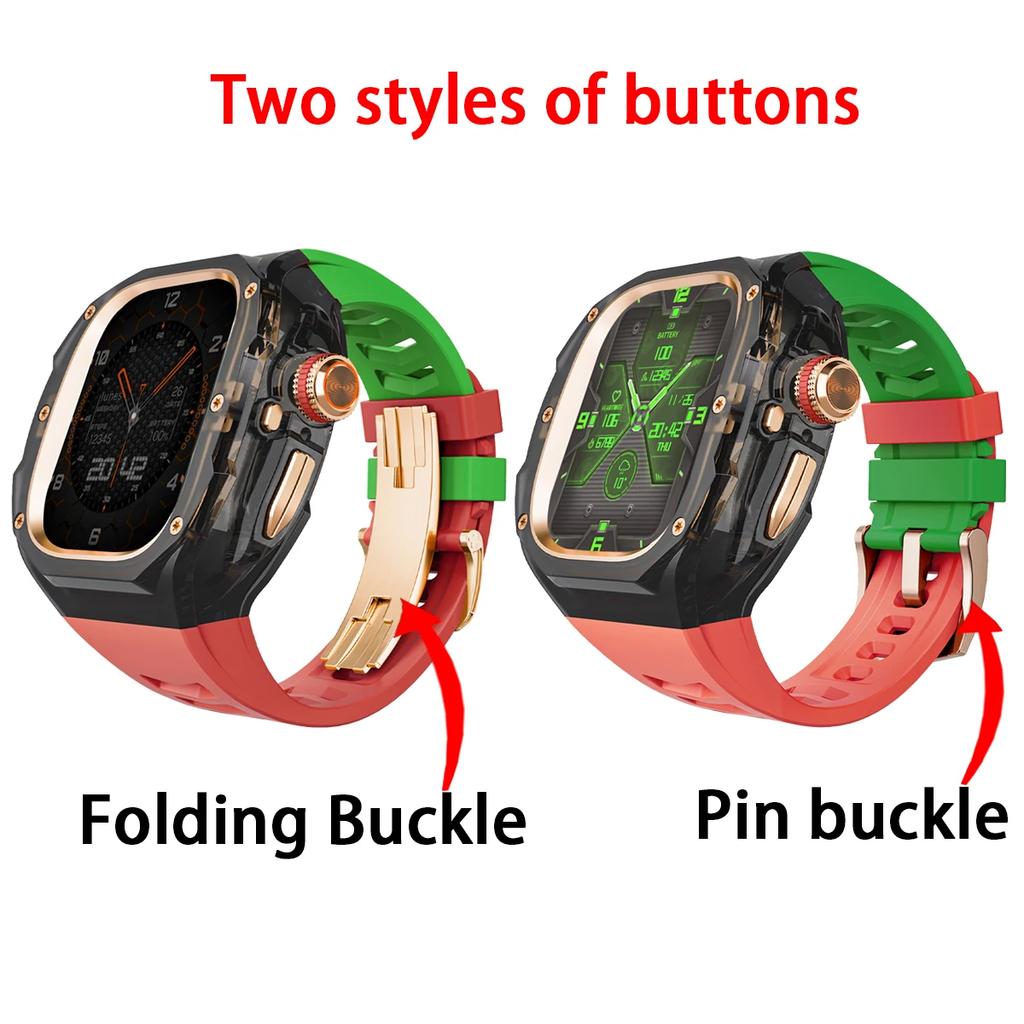 Prabangus modifikacijų rinkinys Apple watch Ultra 3/2/1 49mm Sportinis guminis dirželis+Dėklas Iwatch ultra 49mm Skaidrus Glacier dėklas Modifikavimo rinkinys