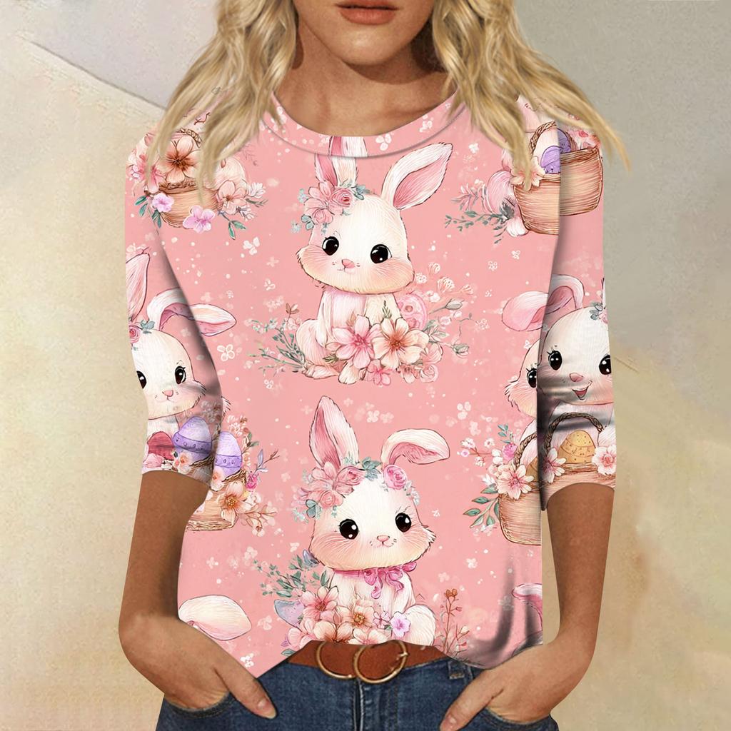 Modny Damski Casualowy Sweter z Krótkim Rękawem i Nadrukiem Wielkanocnym, Okrągły Dekolt