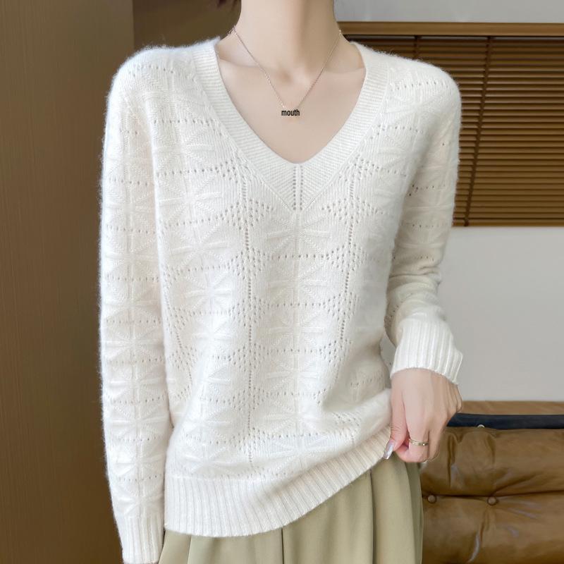 Women's V-Neck Hollow-Out Wool Sweater: Long-Sleeved, Loose-Fit Knit Base Layer