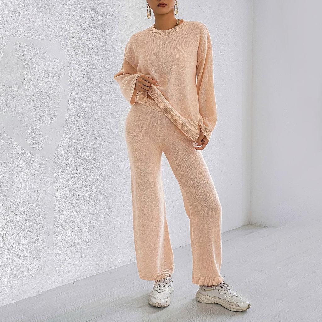Home Set Loose Comfortable Casual Solid Color Long Sleeve Top Pullover Sweater Women Straight Wide Leg Pants Two-piece Set