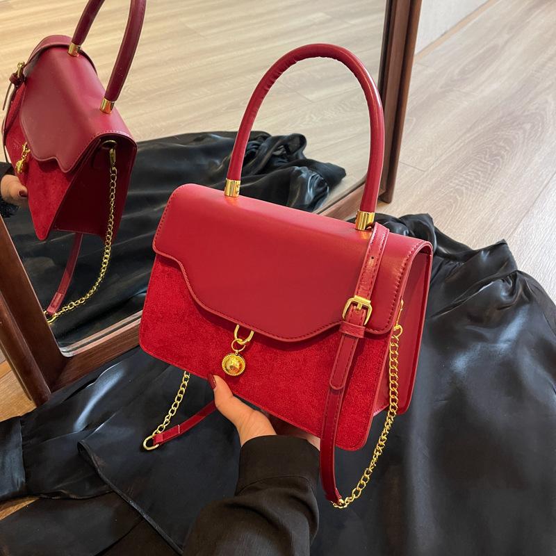 Red Wedding Retro Velvet Bag Women'S Messenger Portable Small Square Bag High Texture Portable Bridal Bag