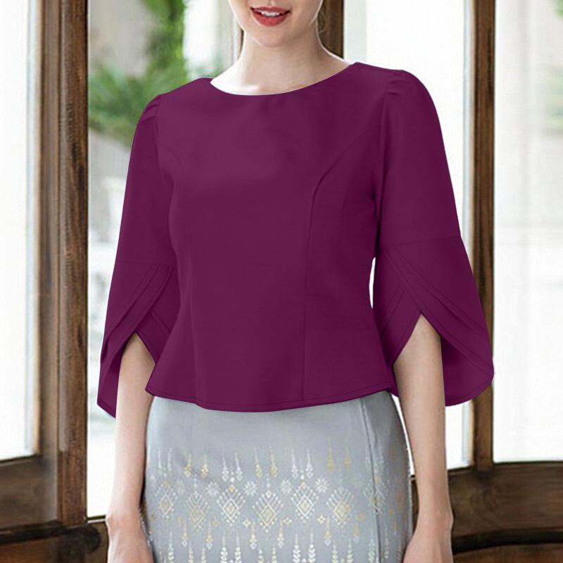 ZANZEA Women Casual Round Neck 3/4 Sleeve Loose Blouse