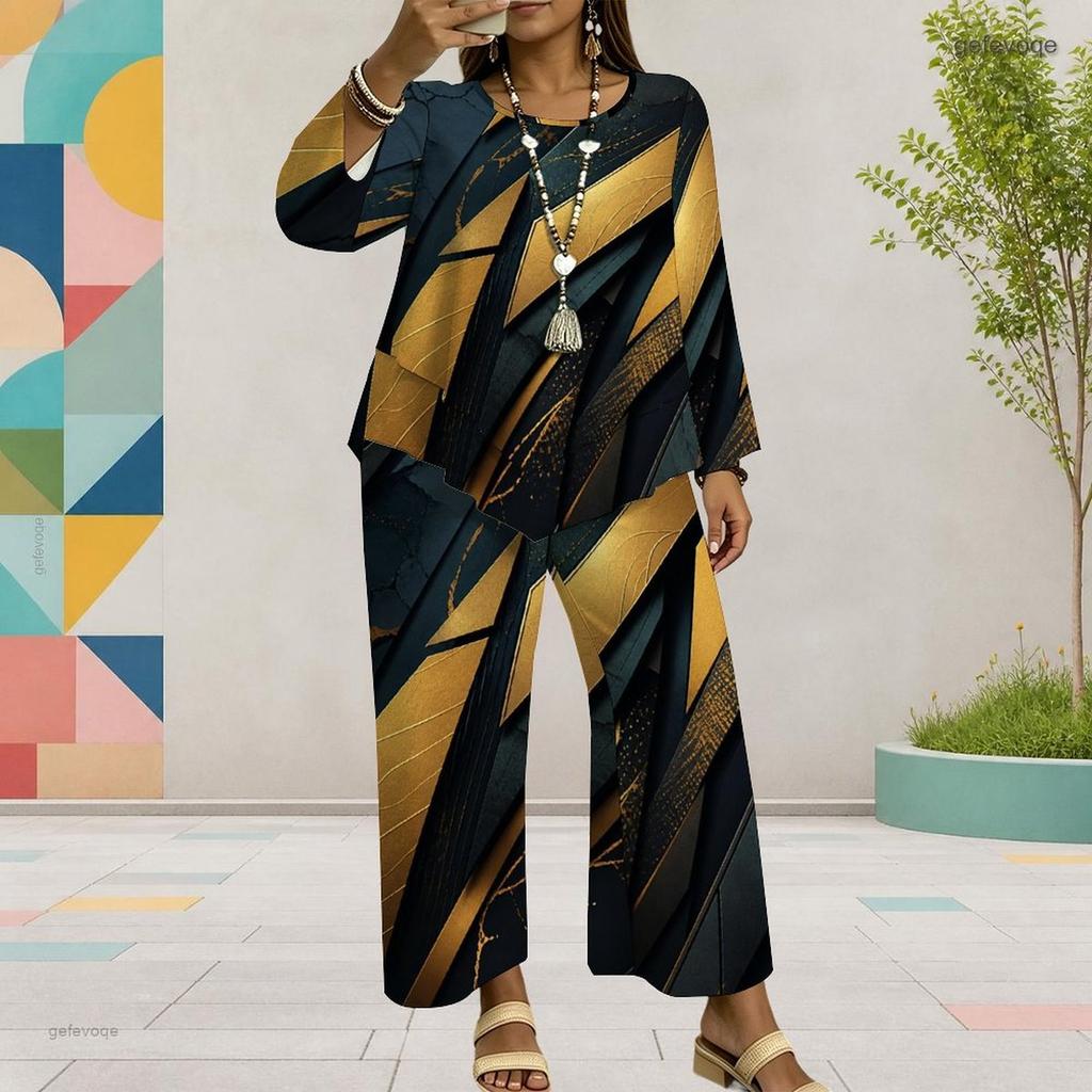 Women Plus Size Printed Round Neck Long Sleeve Layered Top Wide Leg Cropped Pants Two Piece Set