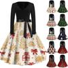Women's Casual Vintage V-Neck Long Sleeve Dress with Christmas Print