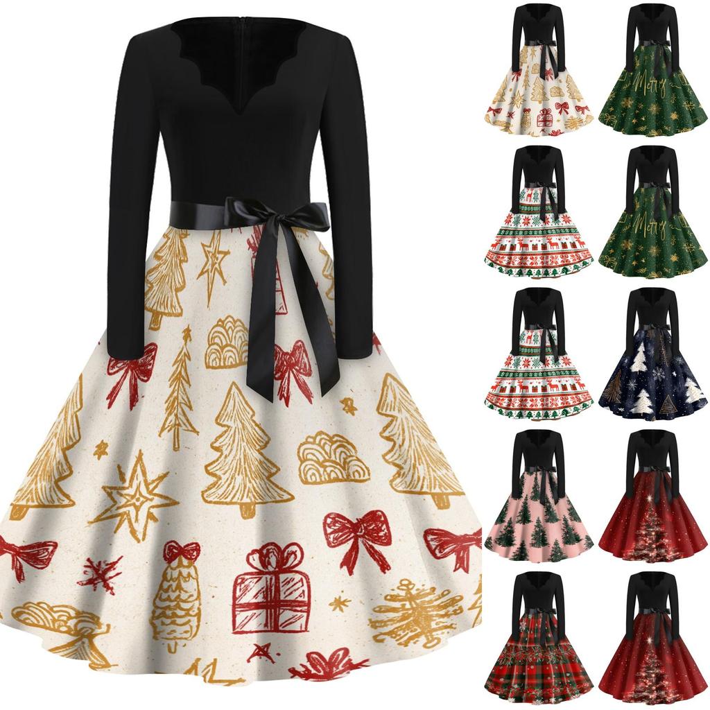 Women's Casual Vintage V-Neck Long Sleeve Dress with Christmas Print