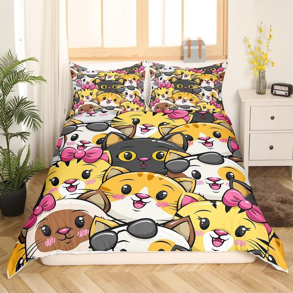 Maneki Duvet Cover Set,Japanese Lucky Cat Duvet Cover Neko Gold Coin Japanese Style Cute Bedding Set Cat Comforter Cover 2/3pcs
