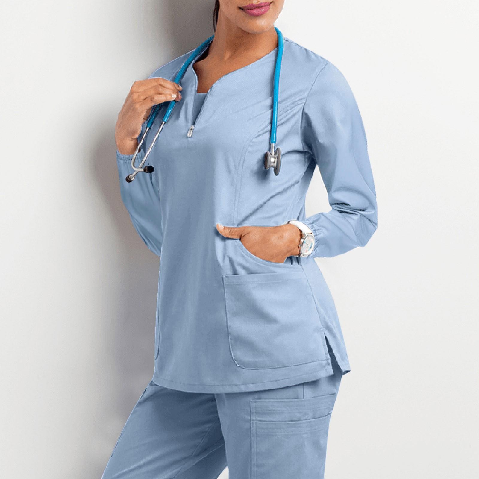 

Women s Fashionable V-Neck Long-Sleeved Work Clothes With Drawstrings And Pockets Color Matching Tops And Protective Clothing M