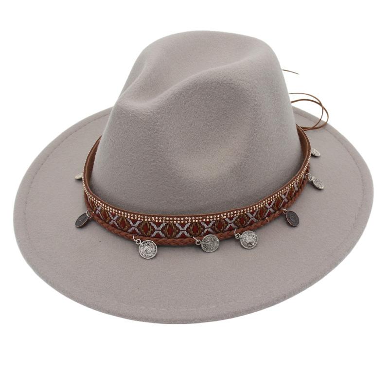 Ethnic Topper Hat Imitation Silver Accessories Felt Hat Jazz Hat Big Brim Stage Performance Hat