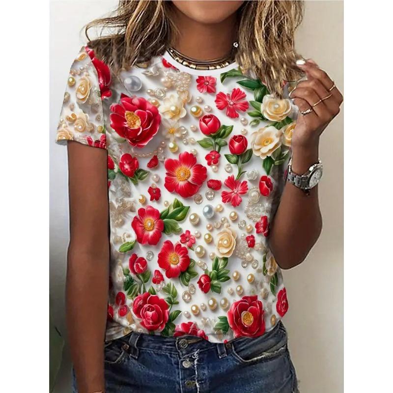 Sommar Dam T-shirt Casual Kortärmad Blommigt Tryck T-shirt Mode Street Lös O-ringad Pullover Kläder Kvinna Överdimensionerad