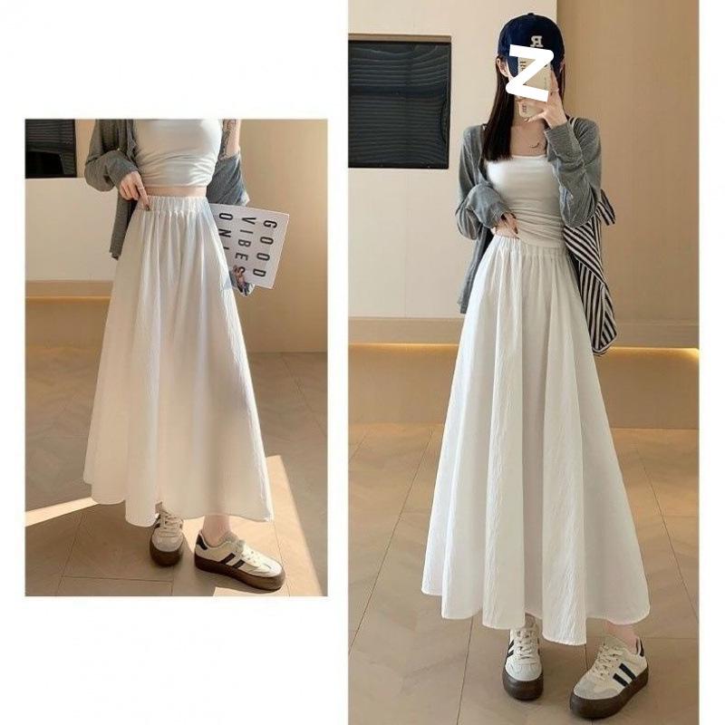 Mori Style White Midi Skirt for Women - High Waist, A-Line, Slimming, Pleated, Summer 2025 Edition