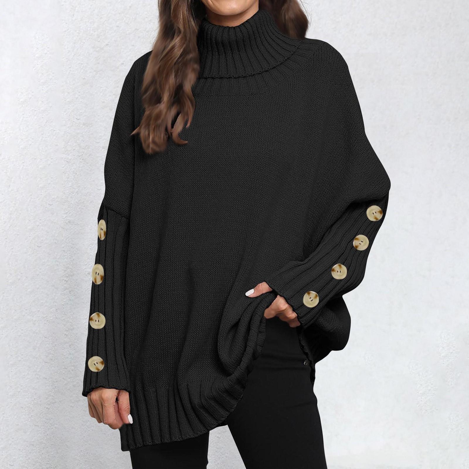 

Женский и зимний свитер-пуловер с пуговицами, однотонный, с лацканами, свободный тканый свитер One Size чёрный
