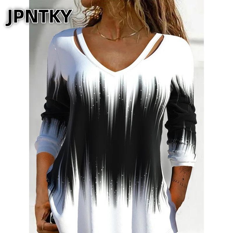 JPNTKY Damen Mode Lässige Langarm V-Ausschnitt Blusen & Hemden
