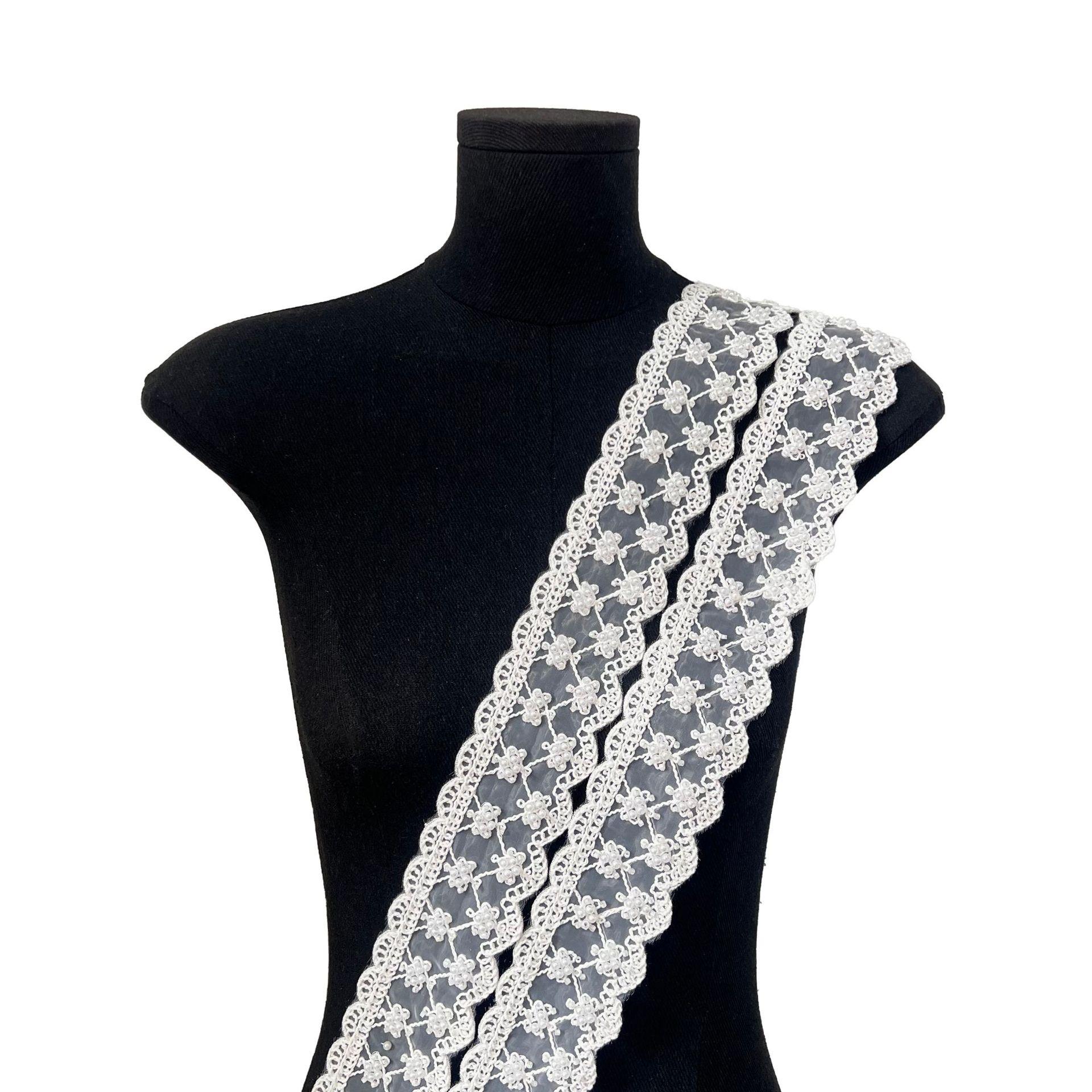 

French Lace White Beads Clothing Accessories Hair Accessories Headgear Lolita Skirt Decoration Organza Barcode T3134 one yard