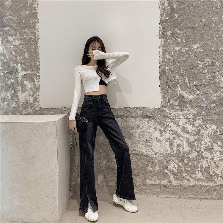 WTEMPO Split Jeans Women's High Loose Casual Washed Denim Straight Long Wide Leg Pants